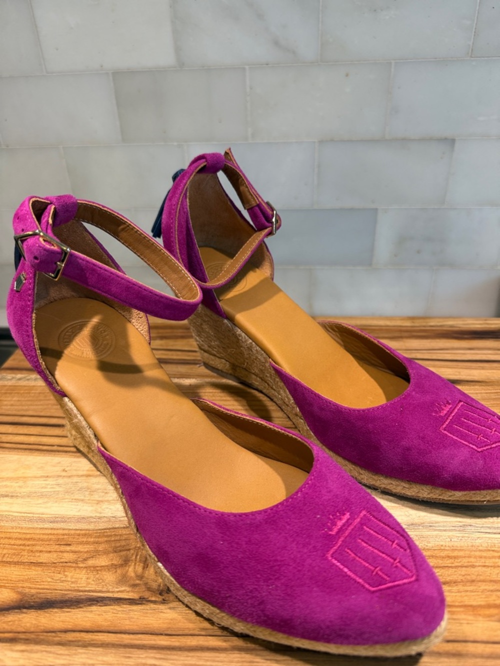Fairfax & Favor Fuchsia Suede Wedge Espadrilles with Ankle Strap - Picture 8 of 10